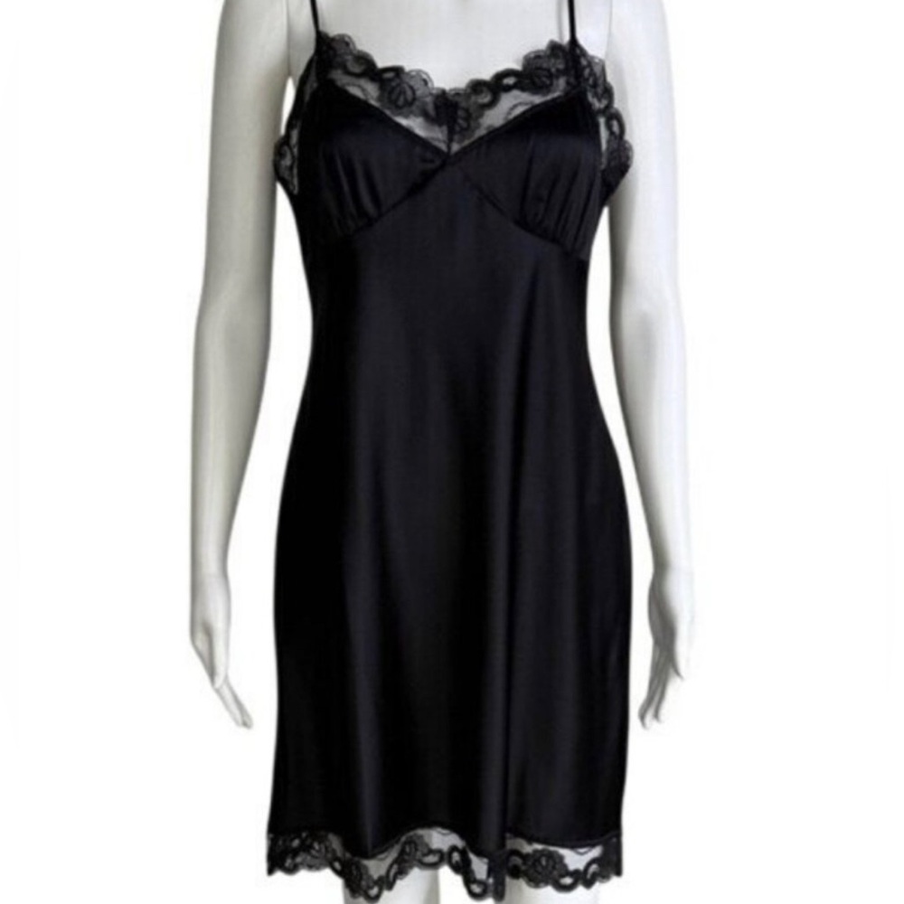 Trina Turk Black Silk Satin Slip Dress Lace NWOT M Festival Whimsygoth Romantic